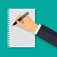 Hand with pen writing on a notebook sheet. Businessman signs document. The hand holds a pen in a 3d style. Pupil or student is taking an exam. Business financial agreement concept.