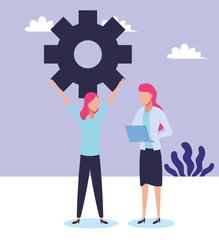 avatar businesswomen with gear wheel and laptop computer