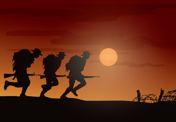 Military vector illustration, Army background, soldiers silhouettes.	