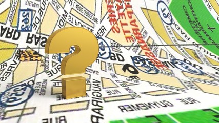 3d rendered illustration of golden question mark and city map background