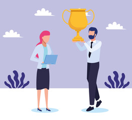 avatar businessman and busineswoman with trophy cup