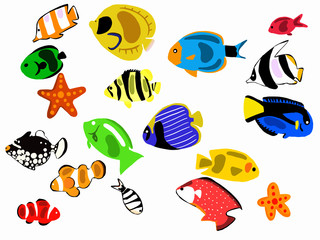 Set of cartoon fish. Collection of cute colored fish.