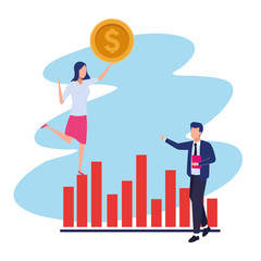 avatar businessman and businesswoman with money coin and graphic chart