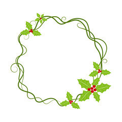 New Year wreath. Festive decor of vines and holly with green leaves and red berries. Eps 10