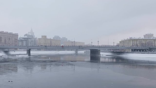 Bridge Novoarbatsky on Moskva river in winter day in Moscow.