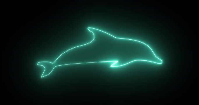 Blue glowing neon silhouette of dolphin on transparent background