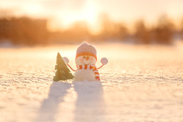 Snowman in winter wonderland scene. Christmas, New Year postcard design. Wintertime magic. Snowman...