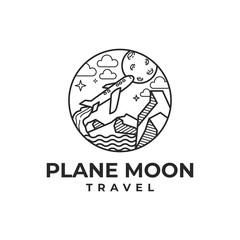 Travel with Plane and Moon Mono Line Logo Vector Icon Illustration