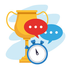 Naklejka premium trophy cup with speech bubbles and chronometer