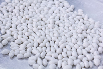 Prepare white flour ball to make popular Thai dessert called Pla Krim Kai Tao, Sweet Rice Noodles with Coconut Cream seperate to two parts,white sour part mix with sweet part make by brown sugar syrup