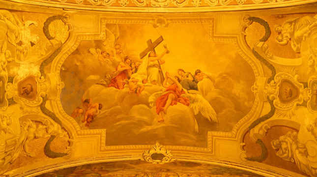ACIREALE, ITALY - APRIL 10, 2018: The symbolic fresco of Faith cardinal virtue  among the angels in Basilica Collegiata di San Sebastiano by Francesco Mancini Ardizzone (1899 - 1901).