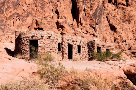Three cabins built of native stone by the CCC in 1935 at Valley of Fire State Park in Nevada
