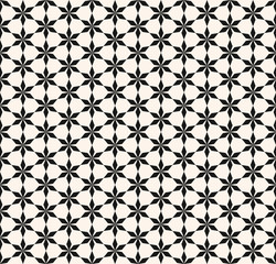 Vector abstract geometric seamless pattern. Floral grid background texture. Elegant black and white ornament with small flower silhouettes, lattice, mesh, repeat tiles. Design for decor, fabric, print