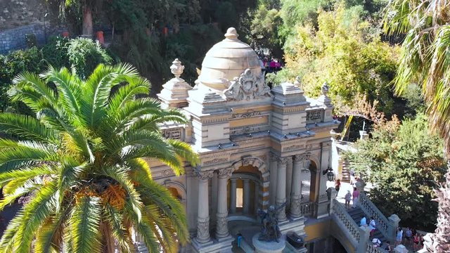 Hill Santa Lucia Park, Neptune Fountain, Santiago capital of Chile, aerial view