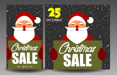 Christmas sale social stories template. Santa Claus holds a sign with the inscription.