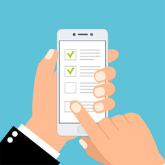 Checklist on smartphone screen. One hand holds smartphone and finger touch screen. Flat vector illustration.Can be used for workflow layout template, banner, marketing, infographics.