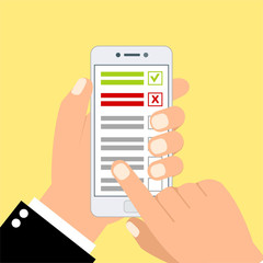 Checklist on smartphone screen. One hand holds smartphone and finger touch screen. Flat vector illustration.Can be used for workflow layout template, banner, marketing, infographics.