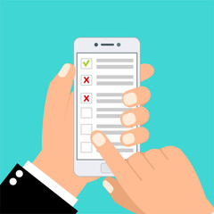Checklist on smartphone screen. One hand holds smartphone and finger touch screen. Flat vector illustration.Can be used for workflow layout template, banner, marketing, infographics.