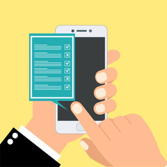 Checkboxes on smartphone screen. Hand hold smartphone, finger touch screen. Checkboxes and checkmark. Modern concept for web banners, web sites, infographics. Creative flat design vector illustration