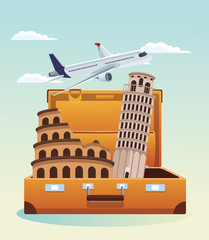 airplane flying and travel suitcase with pisa tower and roma coliseum over sky background