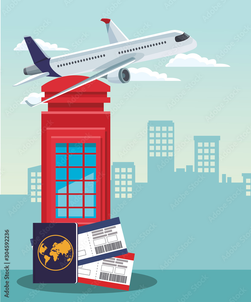 Wall mural airplane flying and red telephone box with passport and passboards