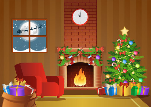 fireplace room decorate for Christmas night,vector illustration Stock  Vector | Adobe Stock