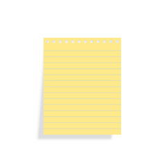 Vector illustration of yellow lined block note sheet. Empty page with copy space isolated on white. Blank paper can be used as a mock up, background or template for your own projects. Eps 10.