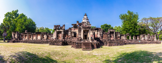 Fototapeta premium Panorama of Prasat Phanom Wan Historical Park, Nakhon ratchasima, Thailand. Built from sandstone in ancient Khmer times