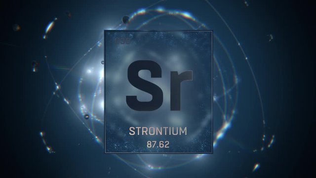 Strontium as Element 38 of the Periodic Table. Seamlessly looping 3D animation on blue illuminated atom design background with orbiting electrons. Design shows name, atomic weight and element number