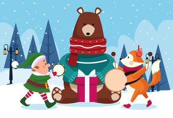 christmas animals and santas helper playing musical instruments over snowy day background