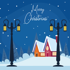 Fototapeta premium Merry christmas design with winter scenary with street lamps and houses