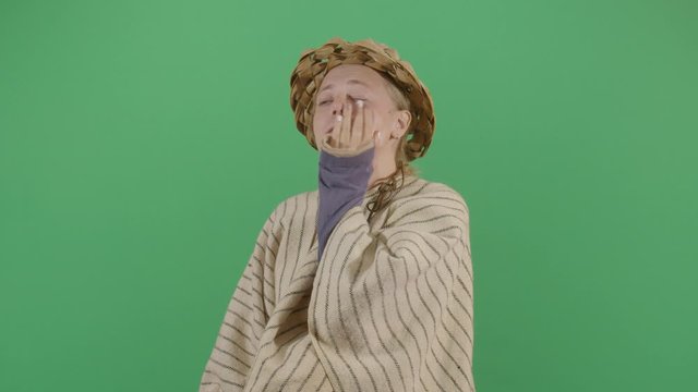 Woman Peasant Rubbing His Face Frustated
