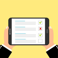 Online survey. Internet surveying, hands holding tablet with test form. Mobile questionnaire, customers voting vector concept. Can be used for workflow layout template, banner, marketing, infographics