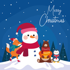 christmas animals around snowman, merry christmas design