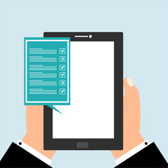 Checklist on smartphone screen. One hand holds smartphone and finger touch screen. Flat vector illustration.