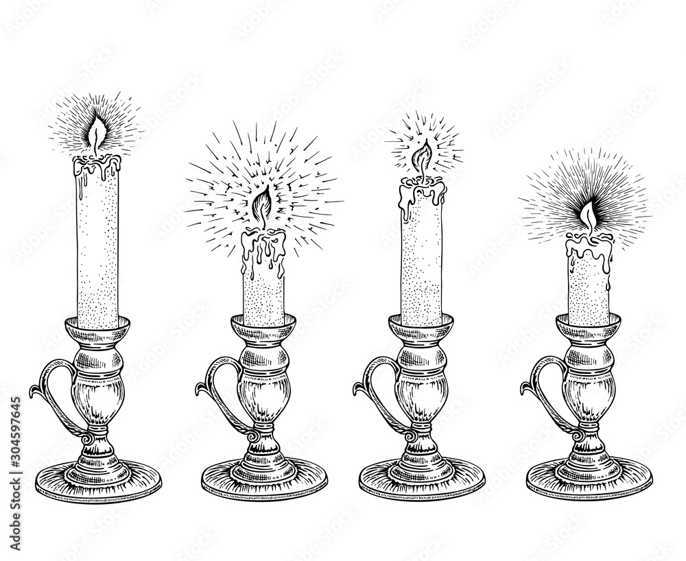 Wall mural Candle sketch set. Hand drawn vector illustration of a burning candle with rays of light in vintage style