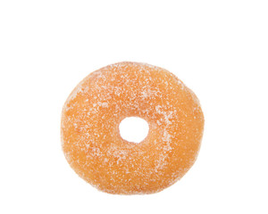 top view one cake donut with sugar coating, isolated on white background.