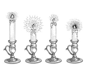 Candle sketch set. Hand drawn vector illustration of a burning candle with rays of light in vintage style