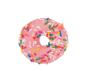 top view one cake donut frosted strawberry glaze with candy sprinkles, isolated on white background.