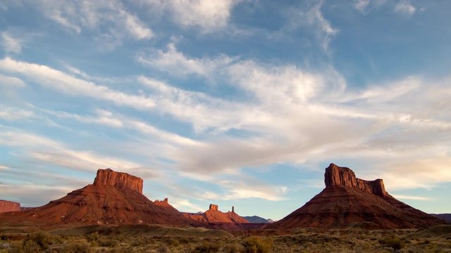 Timelapse of old western landscape in Utah at sunset in the desert looking at Parriott Mesa in Castle Valley.
