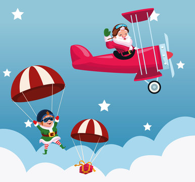 cartoon santa claus flying in a airplane and parachutes with christmas elf and gift box