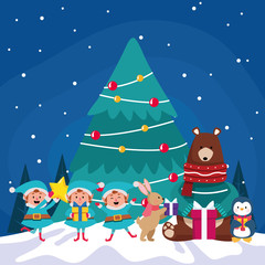 christmas tree with cute animals and santas helpers around