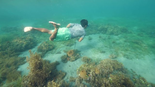 Underwater shot of the fish hunter with spear gun in the ocean.