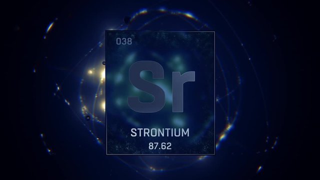 Strontium as Element 38 of the Periodic Table. Seamlessly looping 3D animation on blue illuminated atom design background with orbiting electrons. Design shows name, atomic weight and element number
