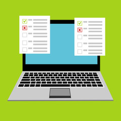 Online survey, form, checklist on computer screen. Vector illustration. Flat design. Questionnaire, online form concepts. Can be used for workflow layout template, banner, marketing, infographics.