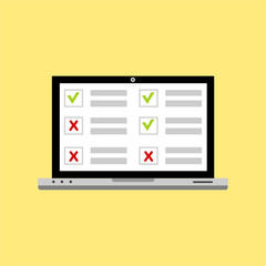 Checkboxes on laptop screen. Checkboxes and checkmark. Modern concept for web banners, web sites, infographics. Creative flat design vector illustration