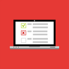 Checkboxes on laptop screen. Checkboxes and checkmark. Modern concept for web banners, web sites, infographics. Creative flat design vector illustration