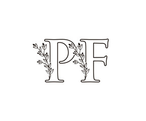 Letter P, F and PF Vintage Floral Logo Icon, Hand Drawn Flower Design.