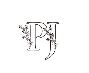 Letter P, J and PJ Vintage Floral Logo Icon, Hand Drawn Flower Design.
