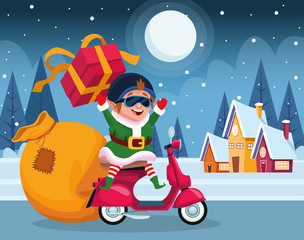 cartoon christmas elf on a motorcycle with gift box